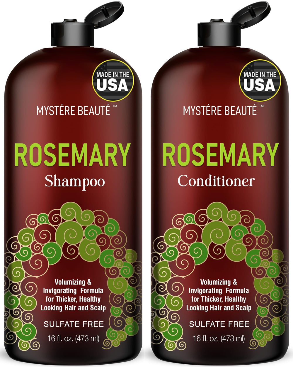MYSTÉRE BEAUTÉ Rosemary Shampoo bottle on bathroom shelf, highlighting scalp care benefits