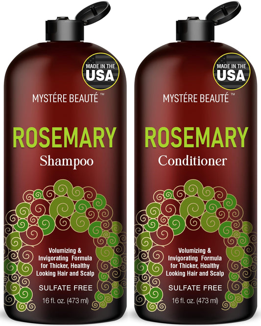 MYSTÉRE BEAUTÉ Rosemary Shampoo bottle on bathroom shelf, highlighting scalp care benefits