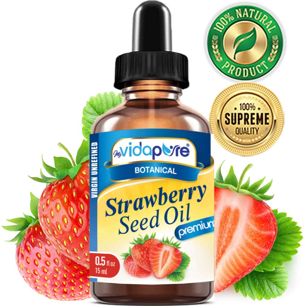 MYVIDAPURE Strawberry Seed Oil packaging indicates USA-made, clean formulation