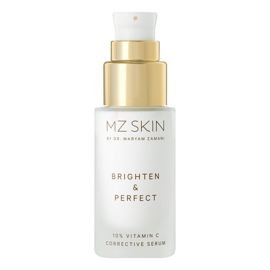 MZ SKIN Brighten serum bottle front showing elegant packaging for radiant skin