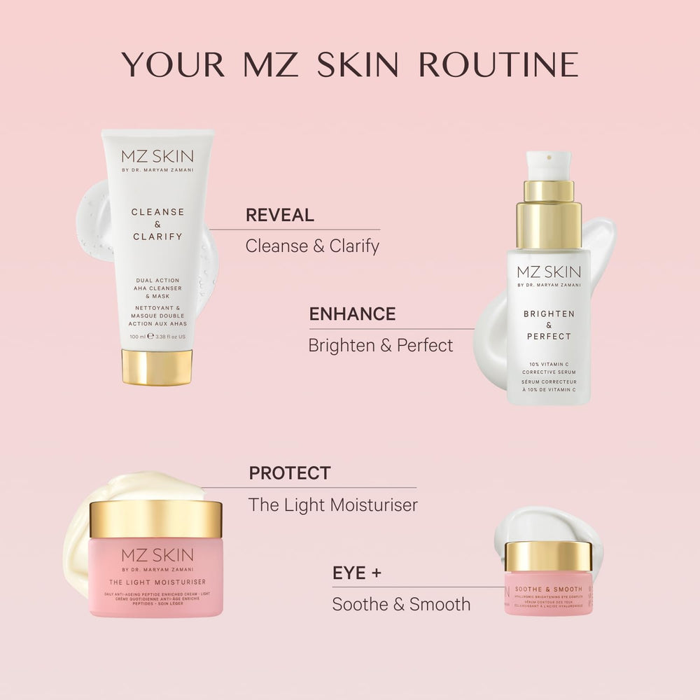 MZ SKIN Brighten serum applied to cheek suggests even tone