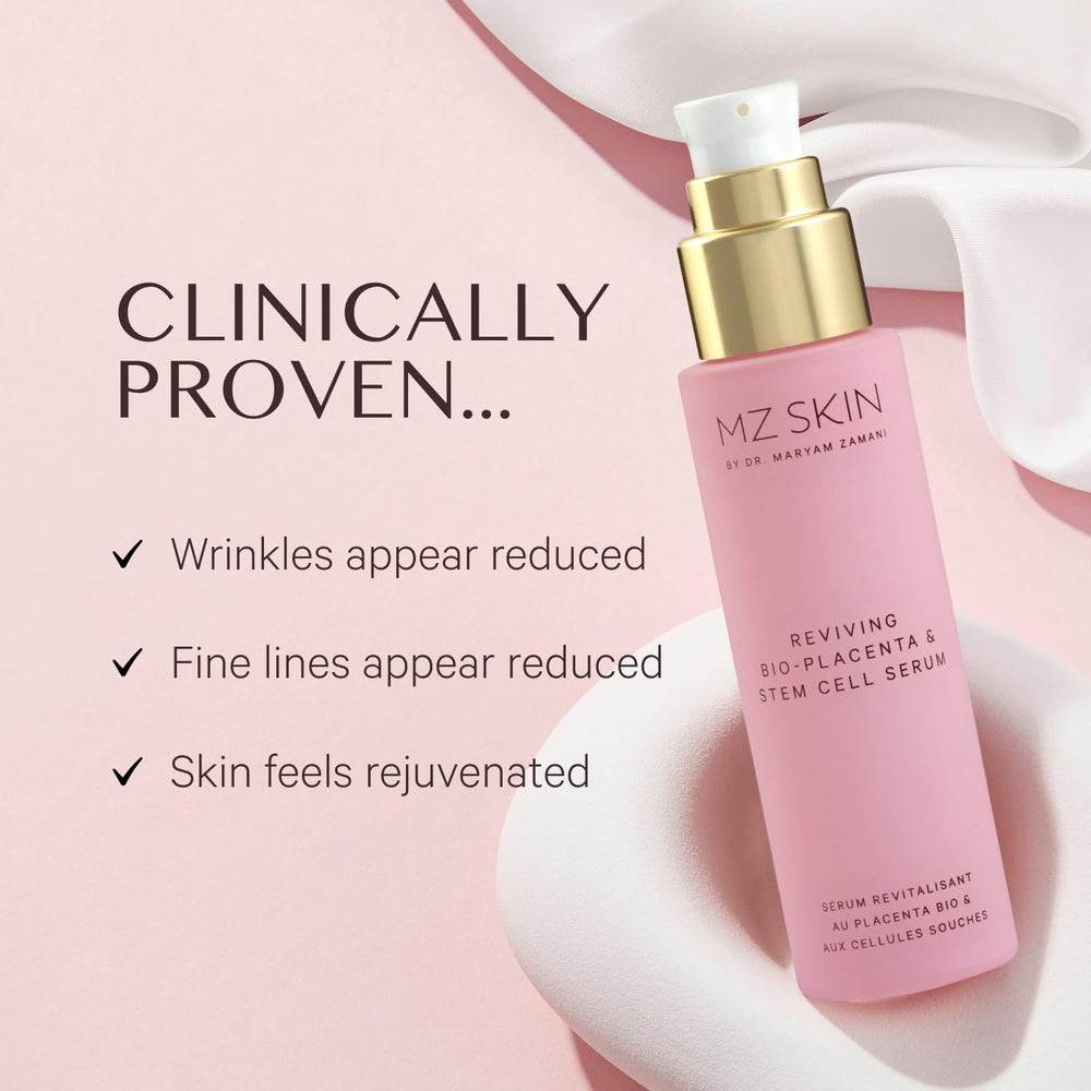 MZ SKIN Reviving Bio-Placenta Serum dropper enables precise wrinkle reduction application.