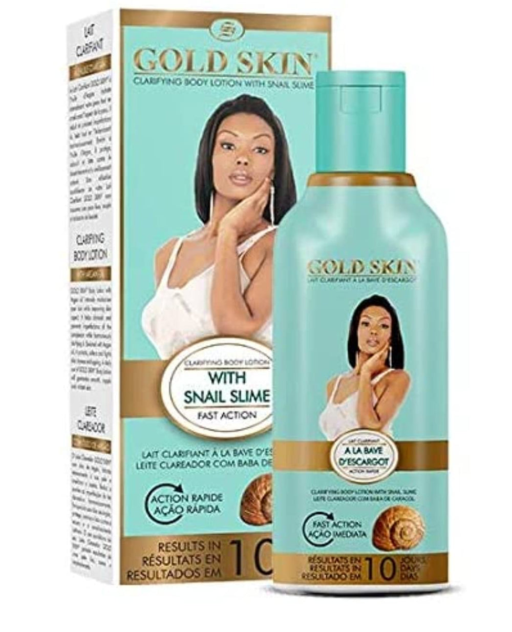 NA Gold Skin Clarifying Body Lotion bottle showing long-lasting hydration and soft skin