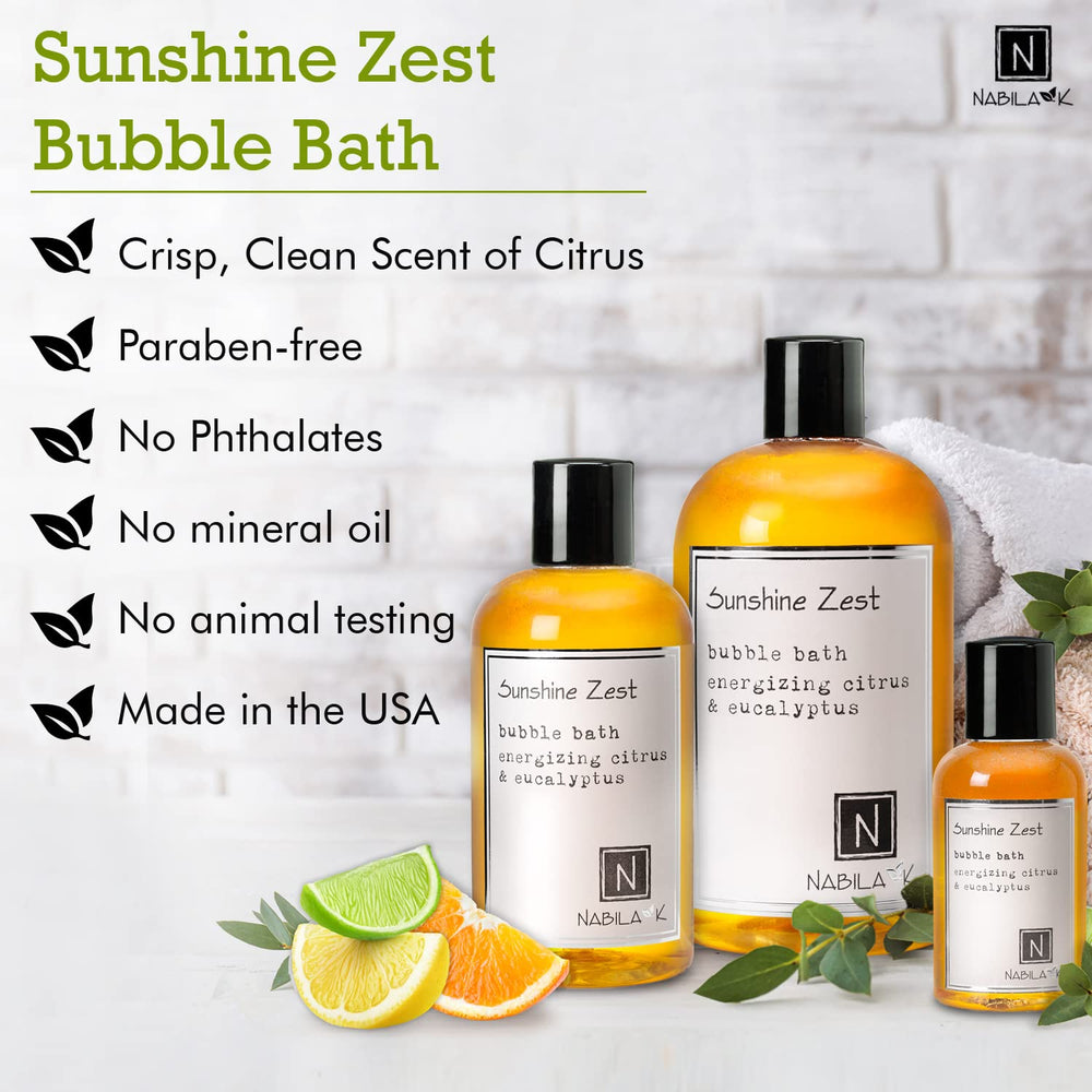 Nabila K Sunshine Zest bubbles create a relaxing foam for a spa-like bath.