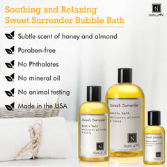 Nabila K Sweet Surrender bubbles pouring into a bath for spa-like calm