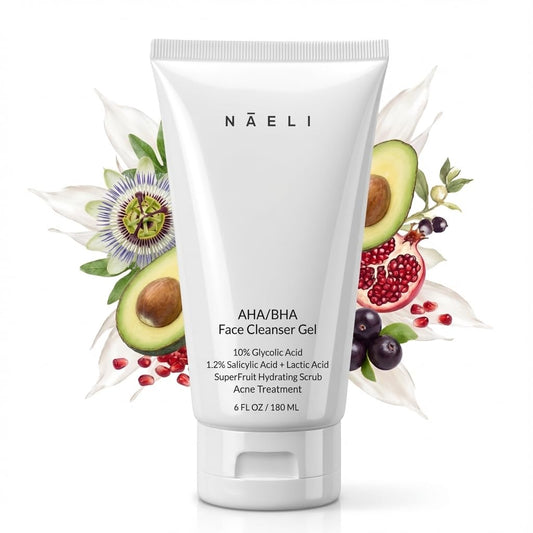NAELI exfoliating wash bottle closeup promising brighter skin