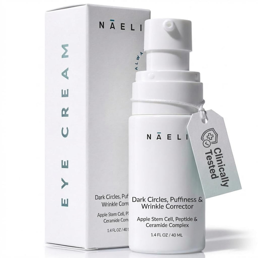 NAELI eye cream bottle with apple stem cell complex for firming under-eye skin.