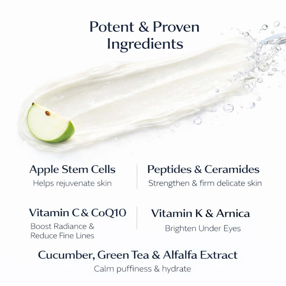 NAELI eye cream bottle highlights hyaluronic acid and vitamins for hydration.