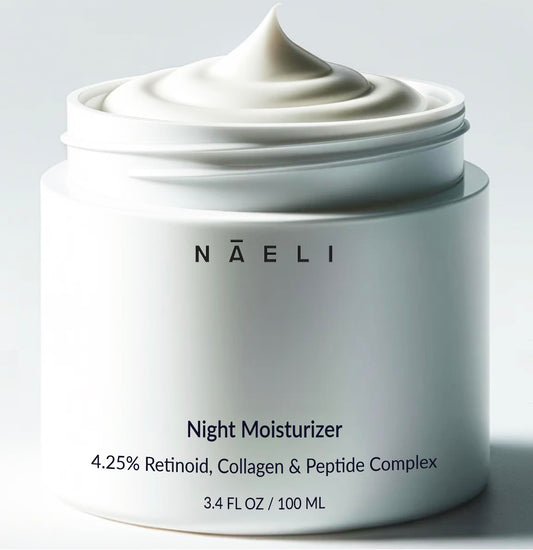 NAELI Retinoid Night Cream bottle close-up highlighting premium anti-aging formula