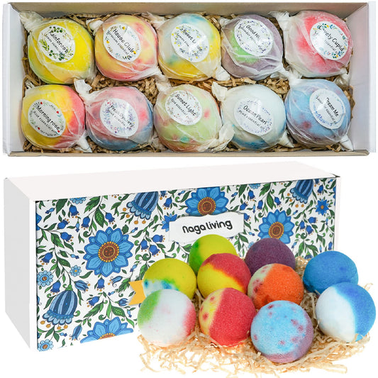 Nagaliving bath bomb variety box with 10 colors for a relaxing soak.