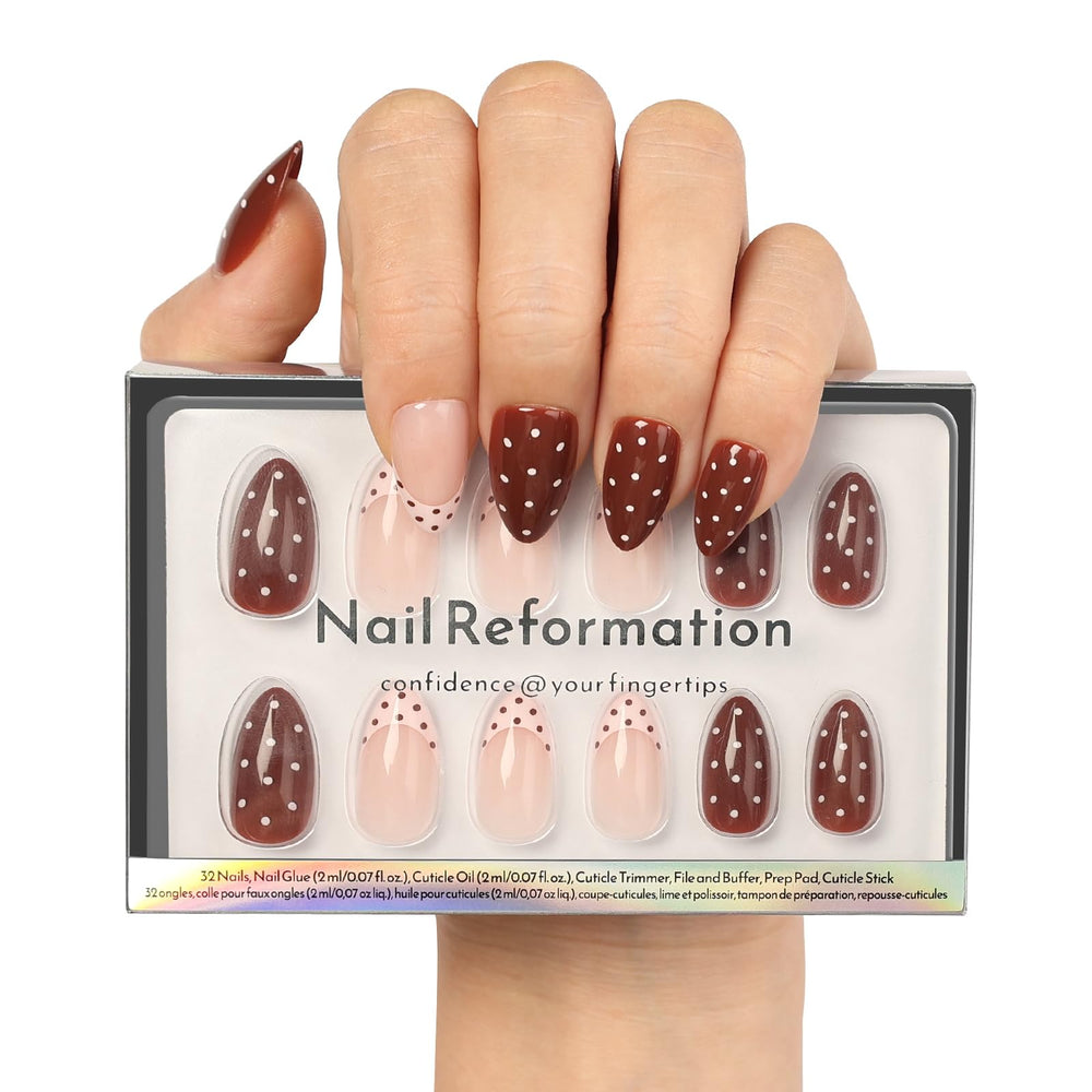 Nail Reformation polka dot press-on nails almond, daily wear-ready and natural-looking.