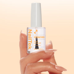 Soft nails before-after with Nail Tek Formula 2 show improved surface feel.