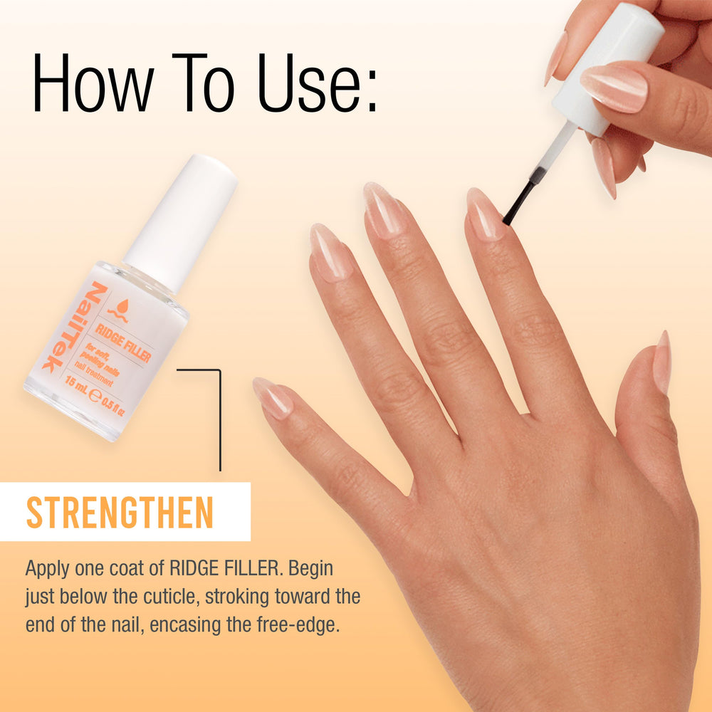 Nail Tek Ridge Filler Formula 2 glossy finish on bare nails.
