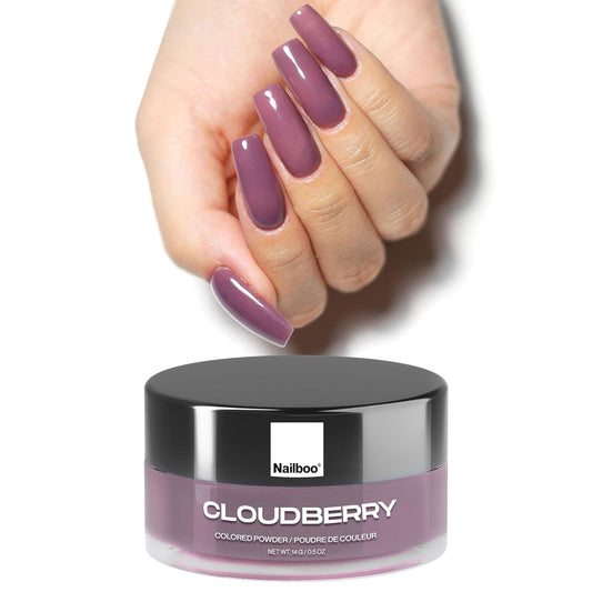 Nailboo Cloudberry dusty purple dip powder color swatch for at-home nails.