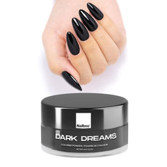 Nailboo Dark Dreams bottle close-up shows rich black pigment for bold nails.