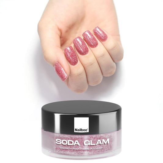 Nailboo Soda Glam pink glitter dip bottle close-up, vibrant pigment for salon-grade color.