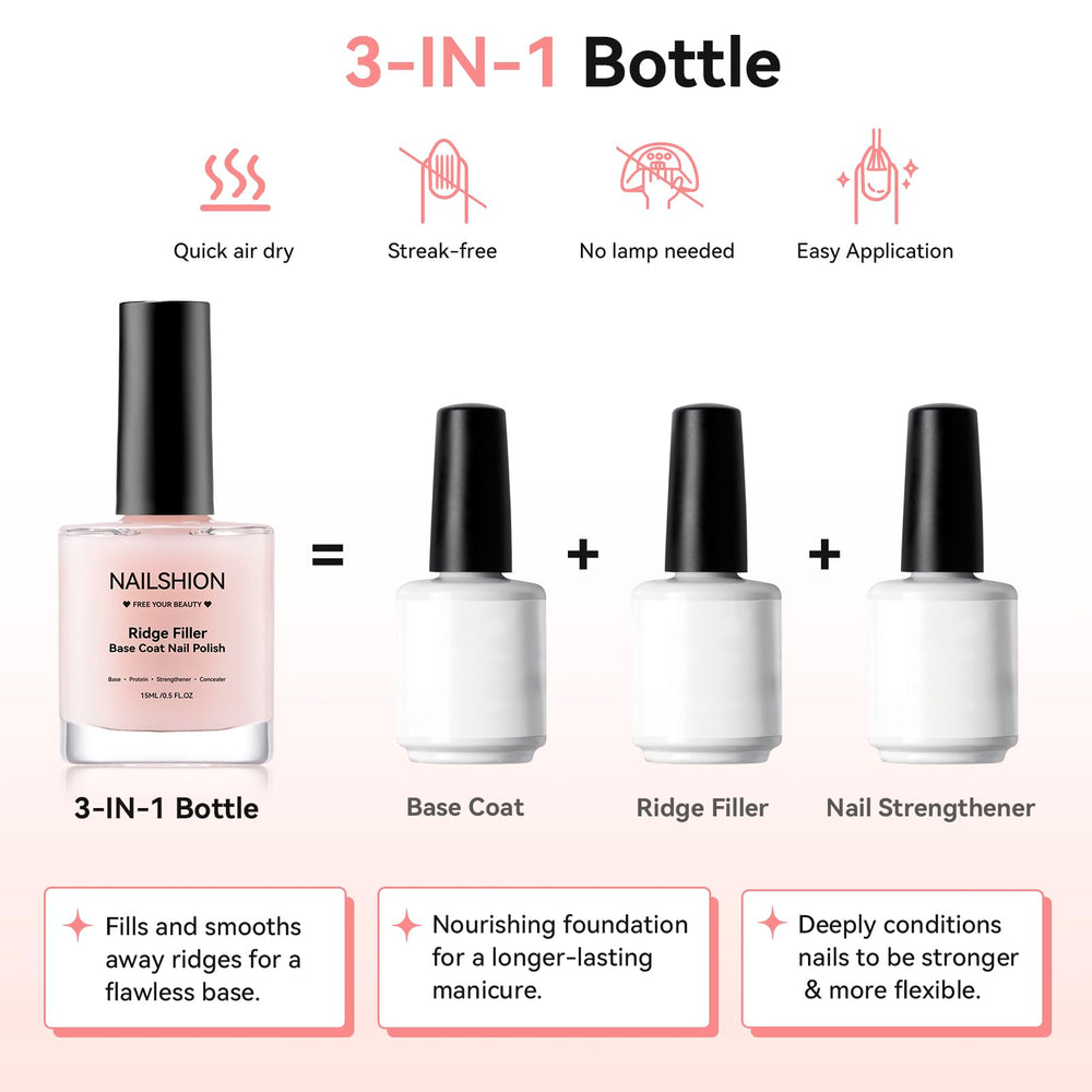 Nailshion 3-in-1 Base Coat strengthens nails while filling uneven surfaces