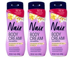 Nair body cream hair remover bottle showing nourishing oat milk and vanilla for smooth skin