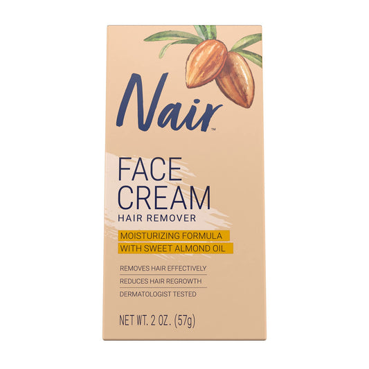 Nair face cream with almond oil jar showing gentle hair removal potential on skin