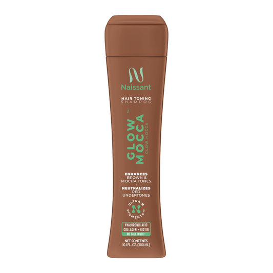 Naissant Glow Mocca Shampoo bottle shows a rich mocha tone with color-balancing benefits
