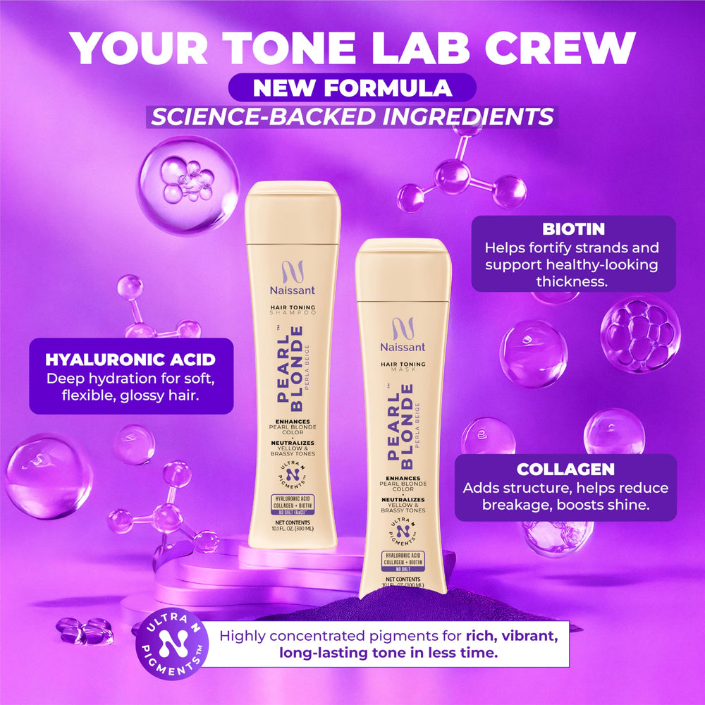 Naissant Pearl Blonde hydration swatch highlights hyaluronic acid and biotin benefits.
