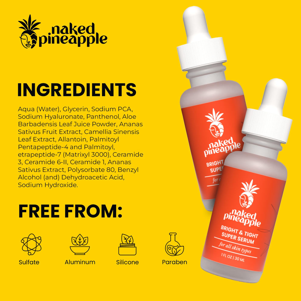 Naked Pineapple Bright & Tight serum dropper close-up for precise, lightweight application.