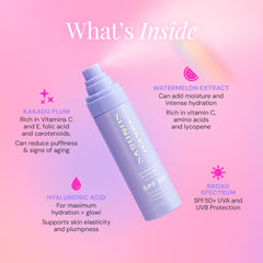 Ingredients close-up featuring hyaluronic acid, watermelon extract, Kakadu plum.