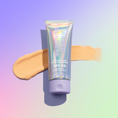 Naked Sundays SPF50 Golden Glow bottle side highlights non-greasy, fast-absorbing texture.