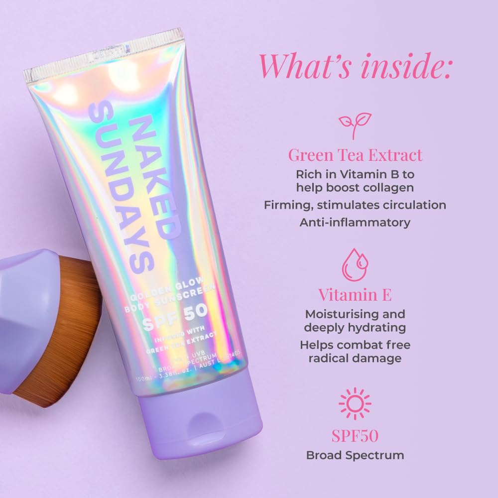 Naked Sundays SPF50 Golden Glow close-up shows shimmering finish on skin.