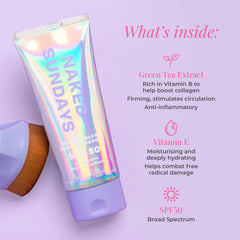 Naked Sundays SPF50 Golden Glow close-up shows shimmering finish on skin.