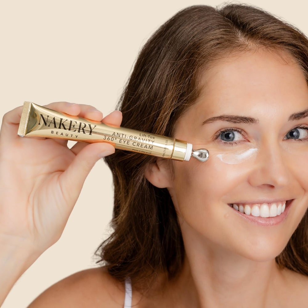 Before-after style imagery featuring Nakery Lift-Tox Eye Cream results.