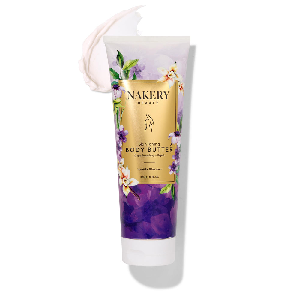 Nakery Skin Toning Body Butter vanilla blossoms jar for firmer, hydrated skin.