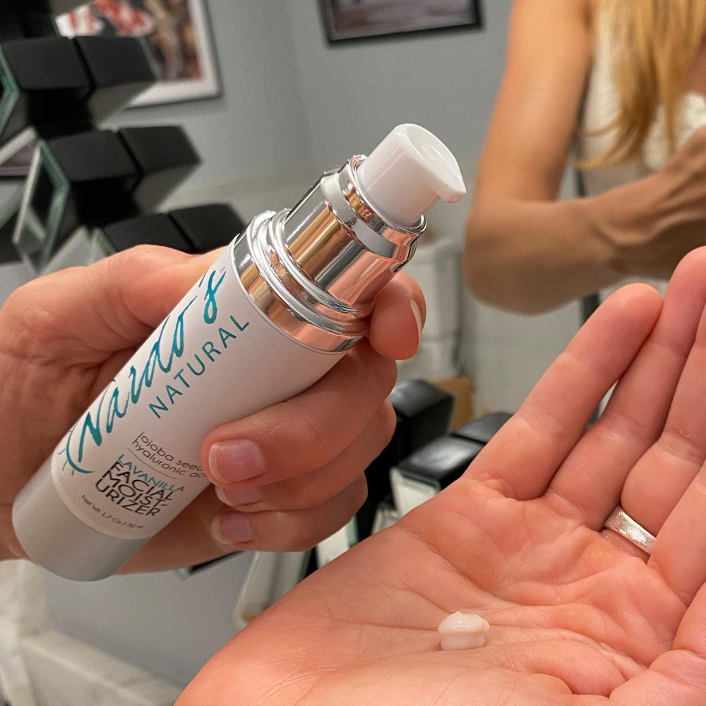 Nardo's Natural moisturizer texture close-up shows silky-smooth skin feel