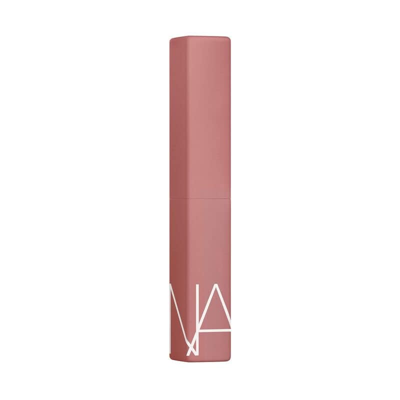 NARS Powermatte Sweet Disposition on lips, bold pink-beige color.
