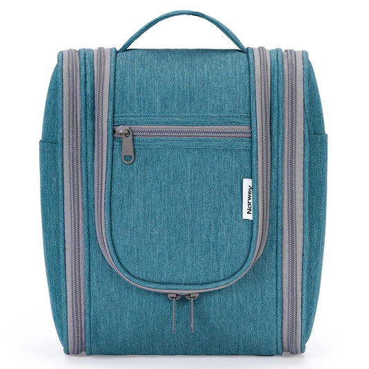 Narwey teal hanging toiletry bag showing organized storage for travel