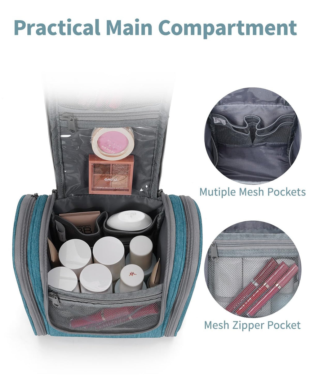 Narwey teal interior with mesh pockets for cosmetics organization