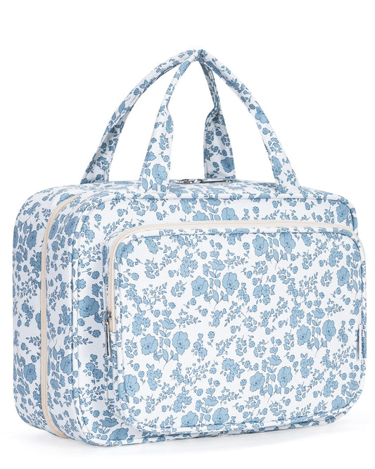 Narwey large-capacity travel toiletry bag with Little Blue Flower keeps full-size essentials organized.