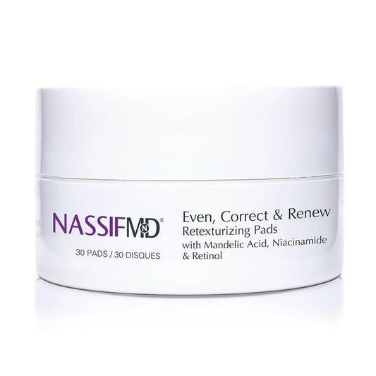NassifMD Even, Correct & Renew pads in pack shot showing texture refinement potential