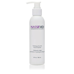 NassifMD glycolic face wash bottle promotes gentle cleansing and skin renewal.