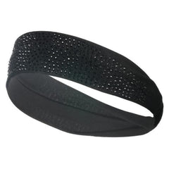 Natalie Mills black elastic headband with crystal detail for sparkling workouts.