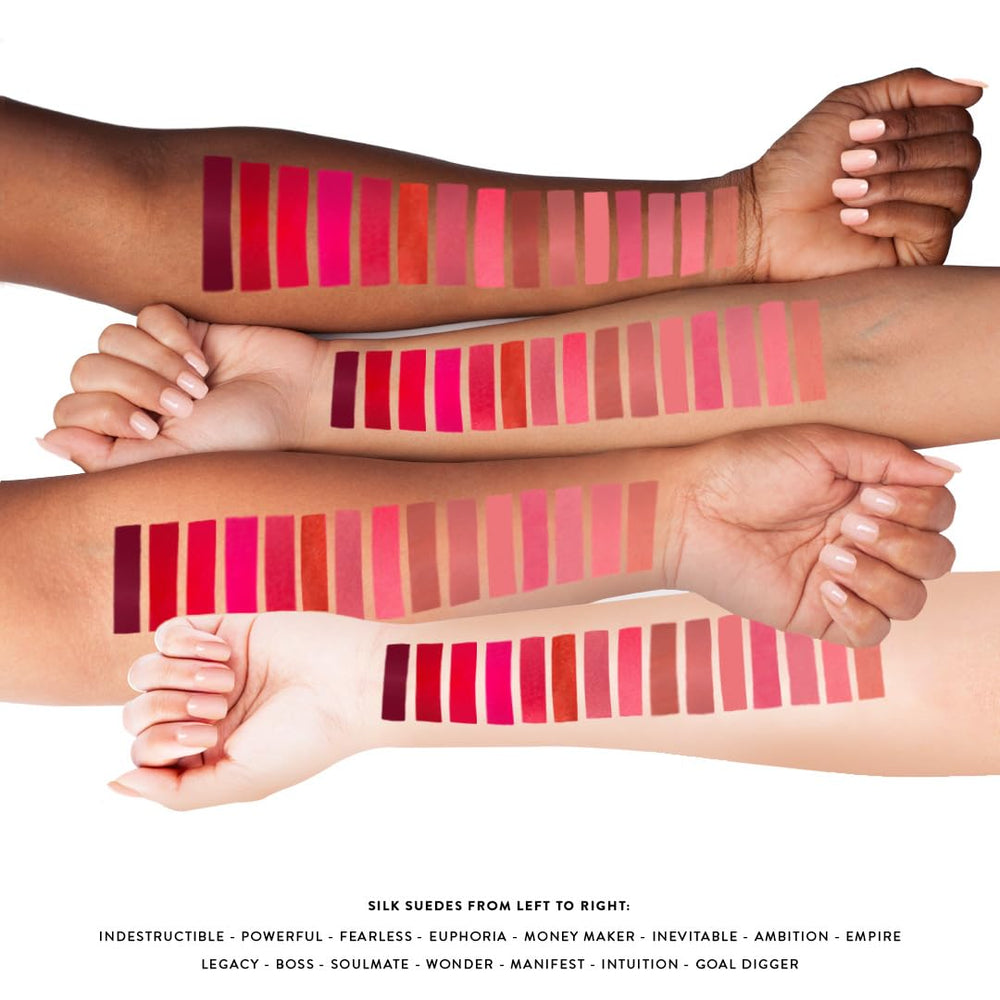 Natasha Moor Silk Suede lipstick features glamorous design for on-the-go glamour.