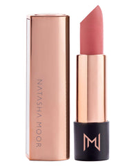 Precision bullet delivers crisp lip contour with Natasha Moor Silk Suede lipstick.