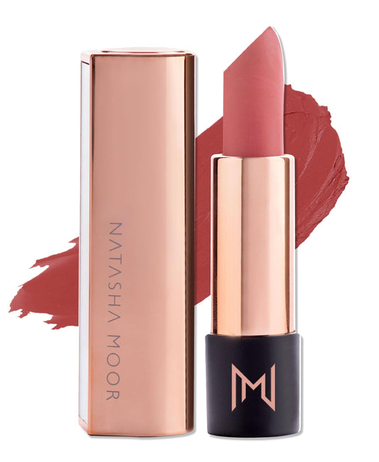 Natasha Moor Silk Suede lipstick with push-button release for quick on-the-go application.