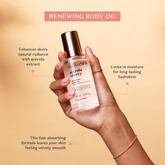 NATIVA SPA Acerola Cherry Renewing Body Oil being poured to show quick-absorb texture.