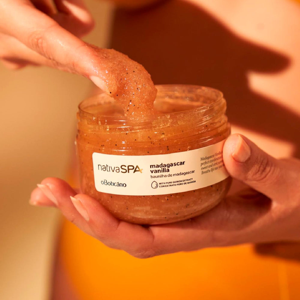 NATIVA SPA Madagascar Vanilla bottle pour, demonstrates easy application during shower.