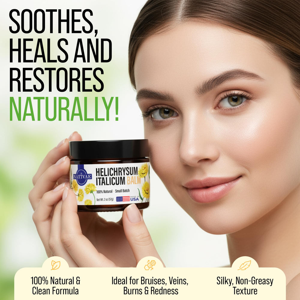 Nativae Helichrysum Balm texture swatch highlighting light, non-greasy moisturization.