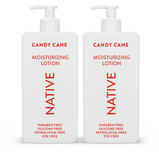 Native Candy Cane body lotion bottle showing rich hydration for dry skin.