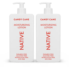 Native Candy Cane body lotion bottle showing rich hydration for dry skin.