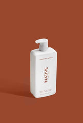 Native Body Wash Coconut Vanilla label close-up showing premium ingredients and scent notes.