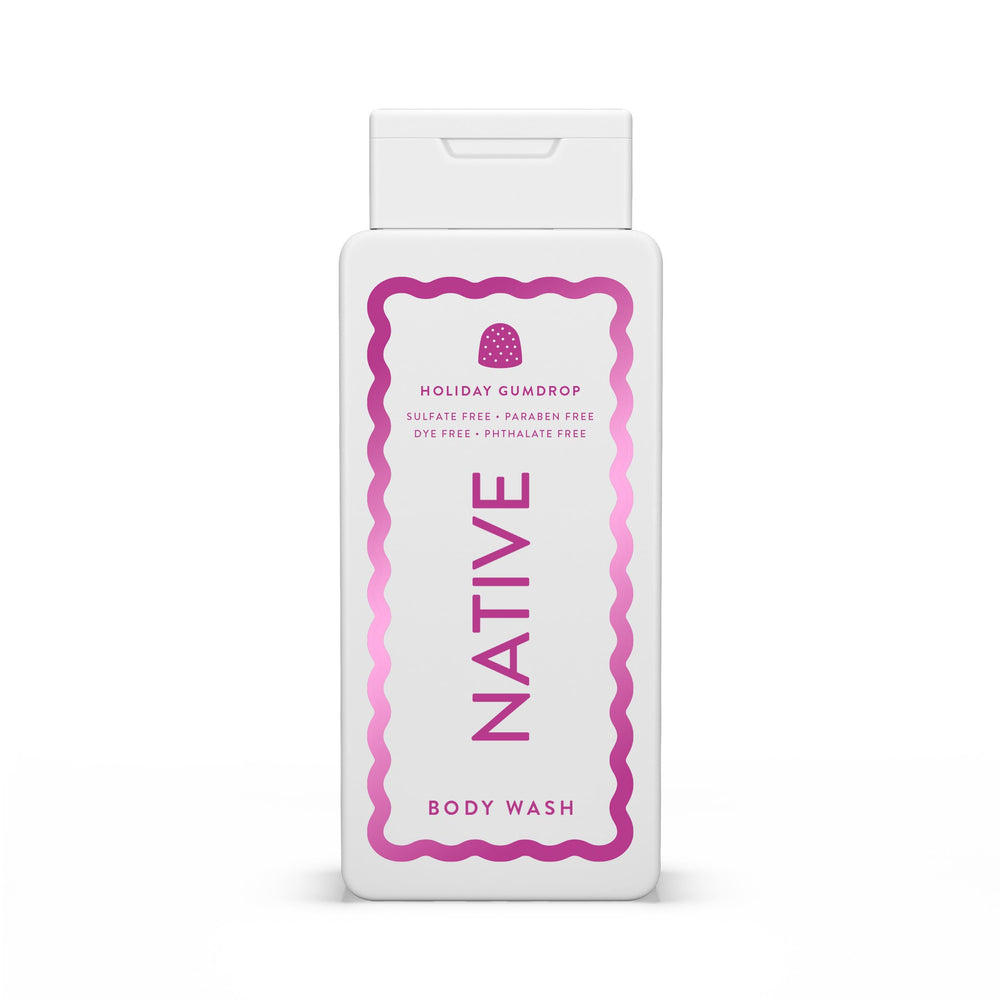 Native Body Wash Holiday Edition Gumdrop bottle pour—hydrating, skin-softening cleanse.